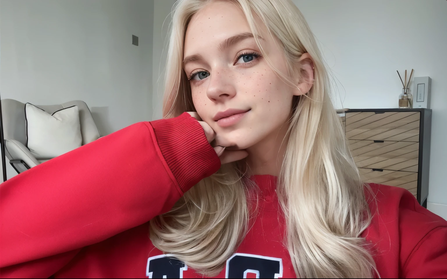 a one woman, americana, age 25, pale skin and freckles, grey-eyed, delicate nose, soft and delicate lips, distant, cabelo blondie distant e ondulado na altura da cintura, Sweet smile, face with delicate feminine facial features, highly rendered