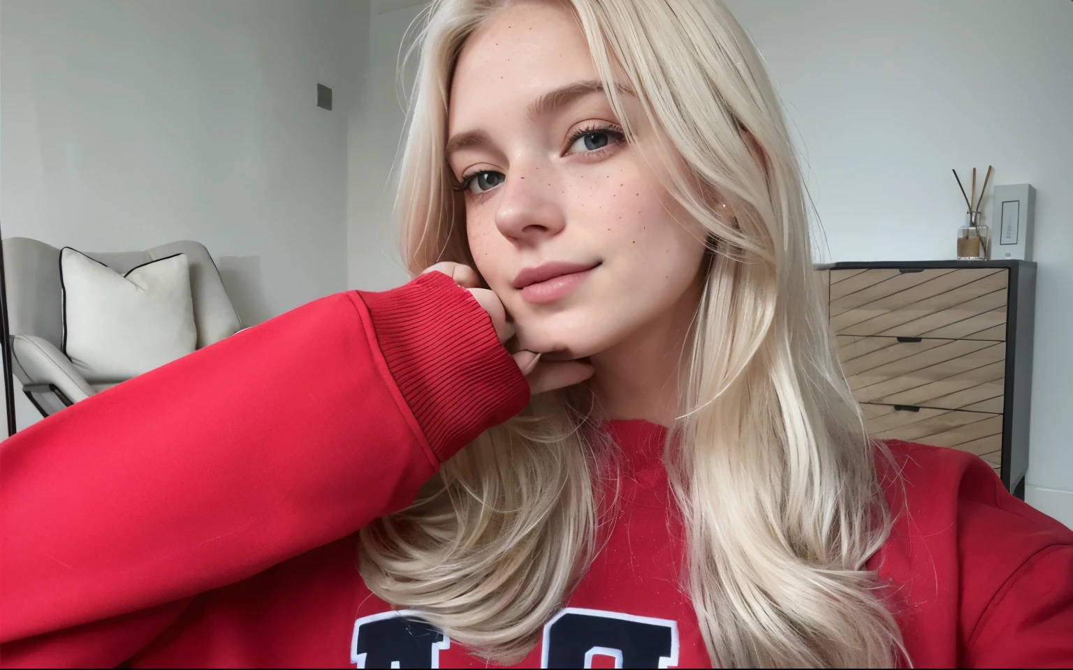 a one woman, americana, age 25, pale skin and freckles, grey-eyed, delicate nose, soft and delicate lips, distant, cabelo blondie distant e ondulado na altura da cintura, Sweet smile, face with delicate feminine facial features, highly rendered