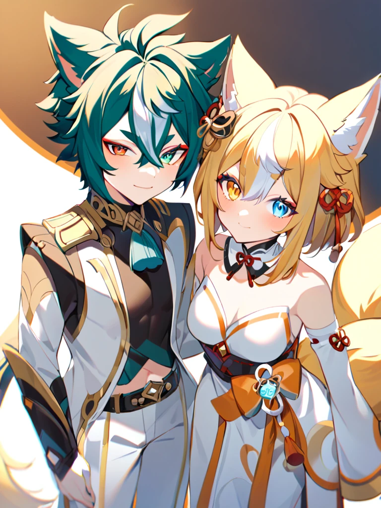 Gorou from genshin impact stands next to a fox girl who has long yellow hair braided in two tails, this girl has heterochromia, one eye is orange, the other is yellow, she is all in white clothes, trousers, a separate collar with an orange bow, Gorou stands next to a fox girl