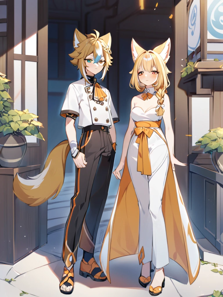 Gorou from genshin impact stands next to a fox girl who has long yellow hair braided in two tails, this girl has heterochromia, one eye is orange, the other is yellow, she is all in white clothes, trousers, a separate collar with an orange bow, Gorou stands next to a fox girl