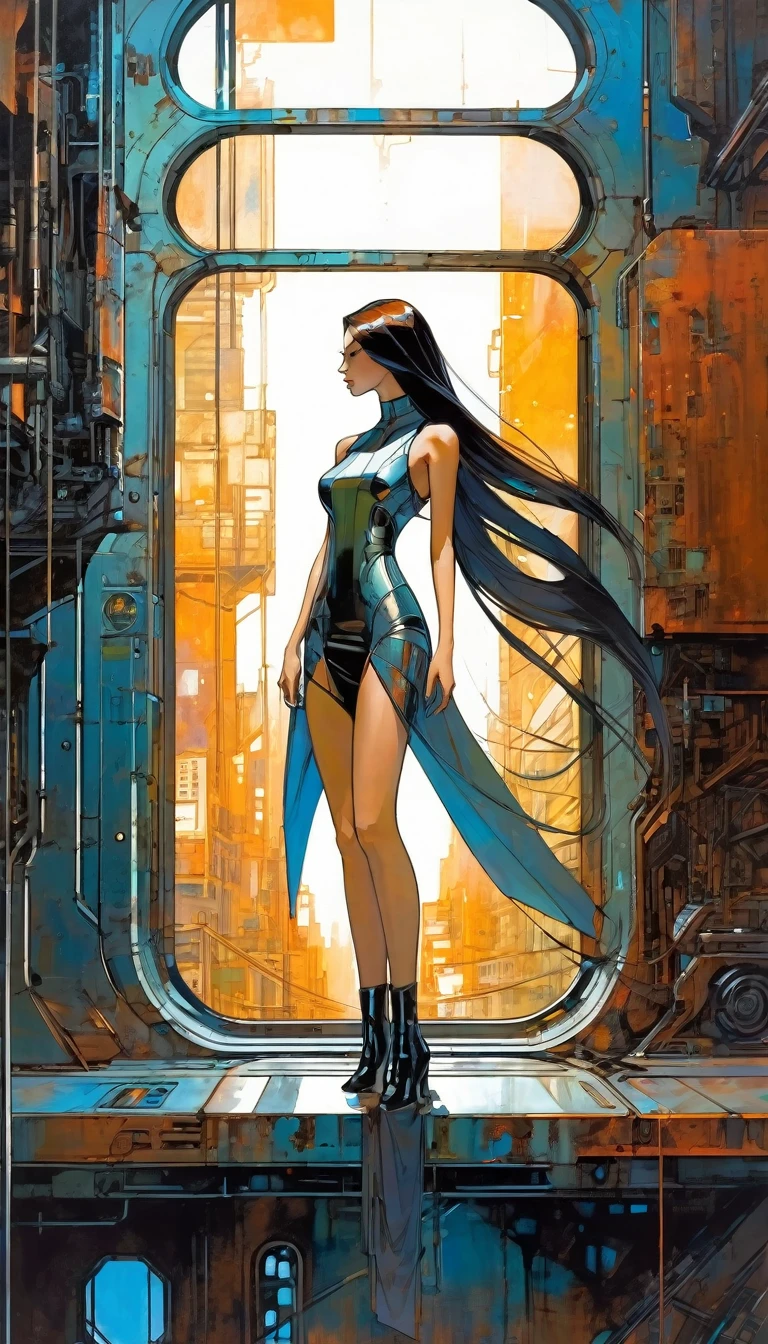 sexy girl futuristic long hair, sexy futuristic tight dress, big window in rusty metal room, futuristic city.1.5, rusty metal city, lots of details(Bill Sienkiewicz inspired art, intricate details, oil painting)
