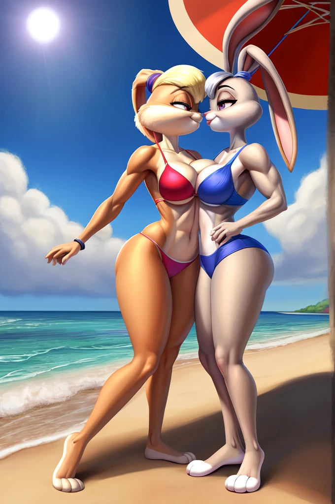 ((Best quality)), ((masterpiece)), (detailed), Lola bunny, Judy hops, 2 persons, two characters, Lola bunny: high, Medium breasts , long legs, wide hips, bikini, Judy hopps: серый skin, rabbit, grey rabbit,low, Large legs, bikini, big breasts,kissing, Judy is shorter than Lola,Lola bunny high, Judy Medium breasts, Judy мускулы, Judy hopps бодибилдер, Lola bunny самая high , Judy a lot of muscle, beach, dynamics