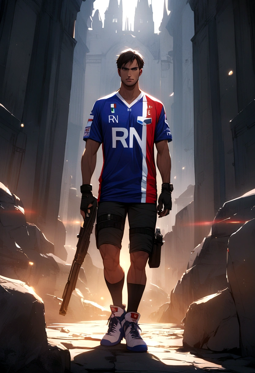 Tomb raider who wears the French jersey with the word (RN) as inscription, French flag at his feet