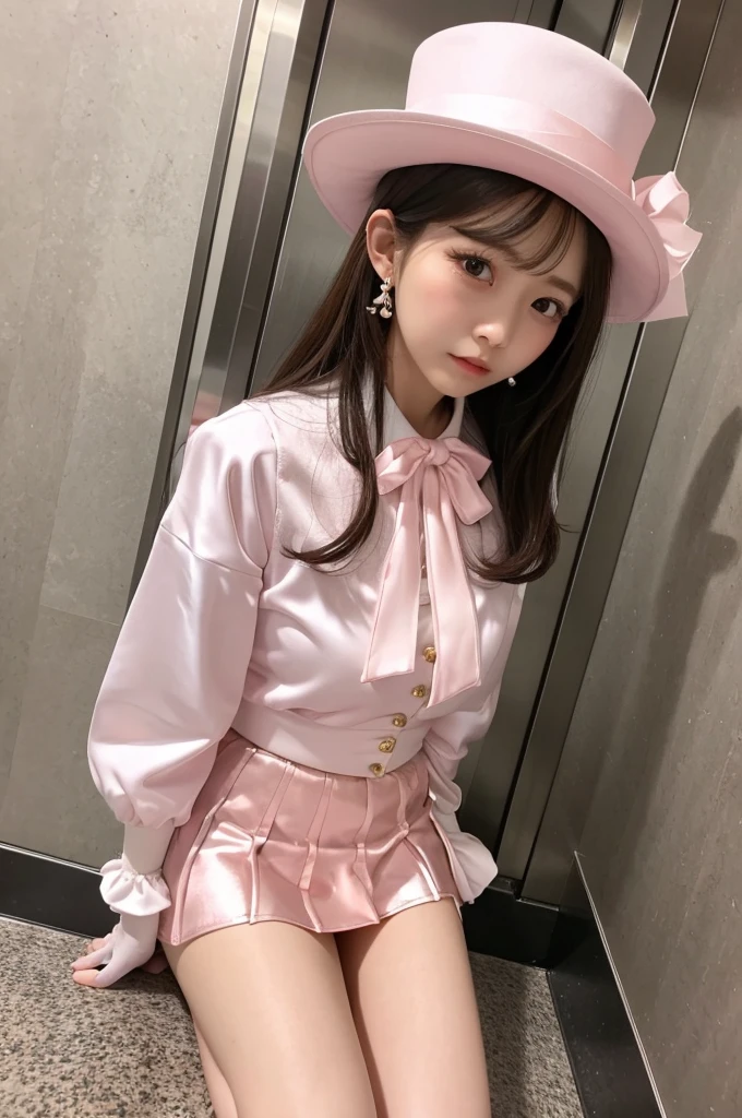 Highest quality、Elevator Girl、A short pink jacket made of shiny, lustrous silk、White blouse with ribbon、Very short tight skirt、Micro Mini Skirt、A small round hat with a ribbon、Skinny、White gloves、Crying expression、Sit on the floor facing the front、Face straight