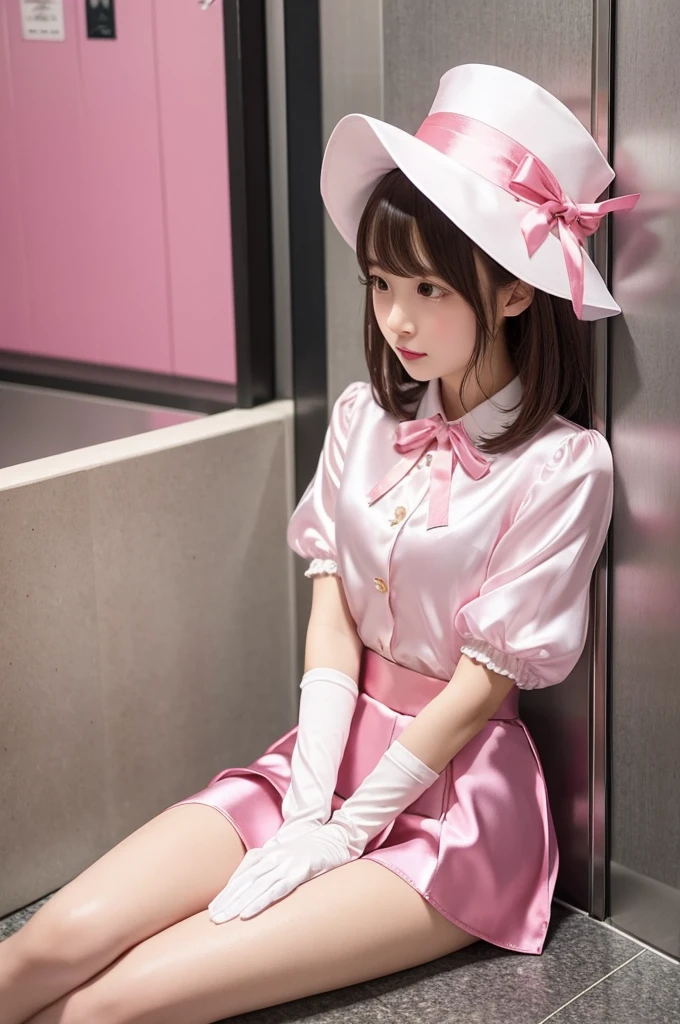 Highest quality、Elevator Girl、A short pink jacket made of shiny, lustrous silk、White blouse with ribbon、Very short tight skirt、Micro Mini Skirt、A small round hat with a ribbon、Skinny、White gloves、Crying expression、Sit on the floor facing the front、Face straight