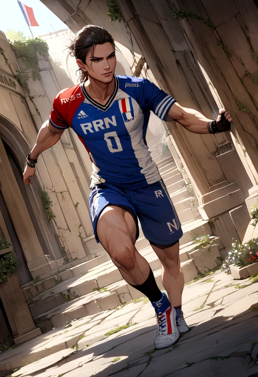Tomb raider who wears the French jersey with the word (RN) as inscription, French flag at his feet