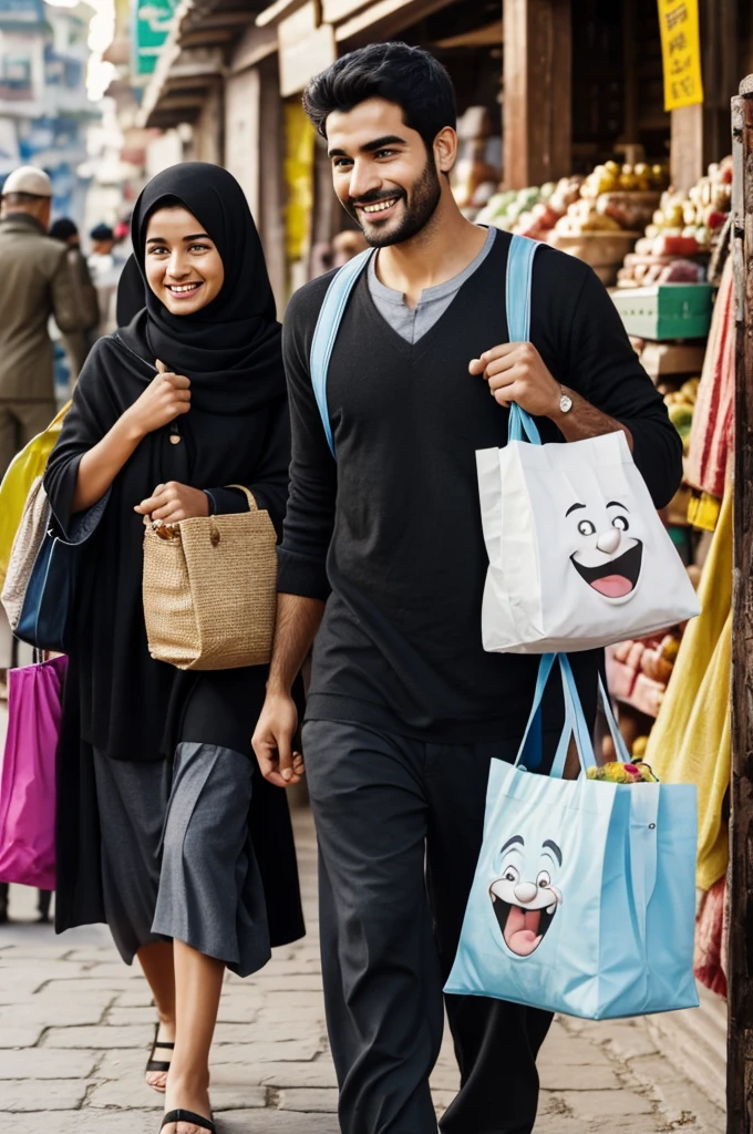 Make an animated picture in which two funny looking characters are in a bazaar and one asks the other character who is carrying a bag that "whats in that bag" the character with bag is replying "memes" in a smiling face .The bag he is carrying is white and has written memes on it in Black