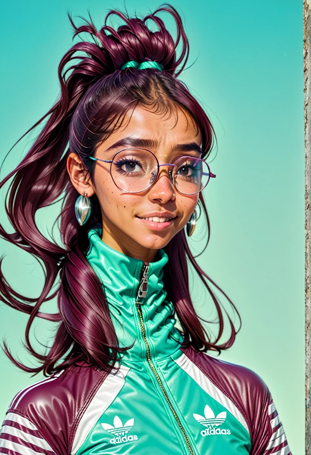 She is in a disco, cute girl, Latina, button nose, age 23, young. ights on her skin cute indian woman with a button nose, age 23, young. ative American-style hair, maybe ponytails. eautiful, 1980s hip hop clothing,. maroon leather jacket with many silver zippers. ippers are angled. nd shinny. ling bling. air, in a 1970s
2077_Style, glowing earings. uturistic tech glasses, MR glasses. n beautiful. he is shown from the waist up. h is looking aways from the camera. ity in the background. he is wearing an Adidas maroon turtle neck, with aqua blue, touquise. hree stripes. didas. osed from the waist up. looking aways from the viewer. freckles smiling with a separate buck teeth.