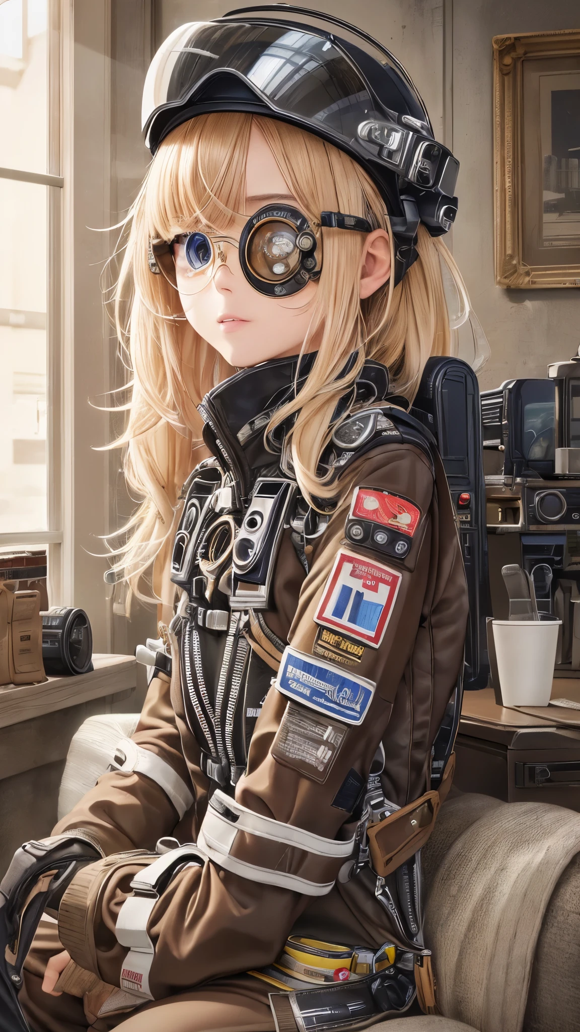 ((Highest quality)),(Ultra-high resolution),(Very detailed),(Detailed Description),((The best CG)),(A masterpiece),Ultra-detailed art,Amazing painting art,(Art with precise detail:1.5),(Sci-Fi Movies:1.4), (Harness pilot suit:1.7),(Monocle visor:1.6)