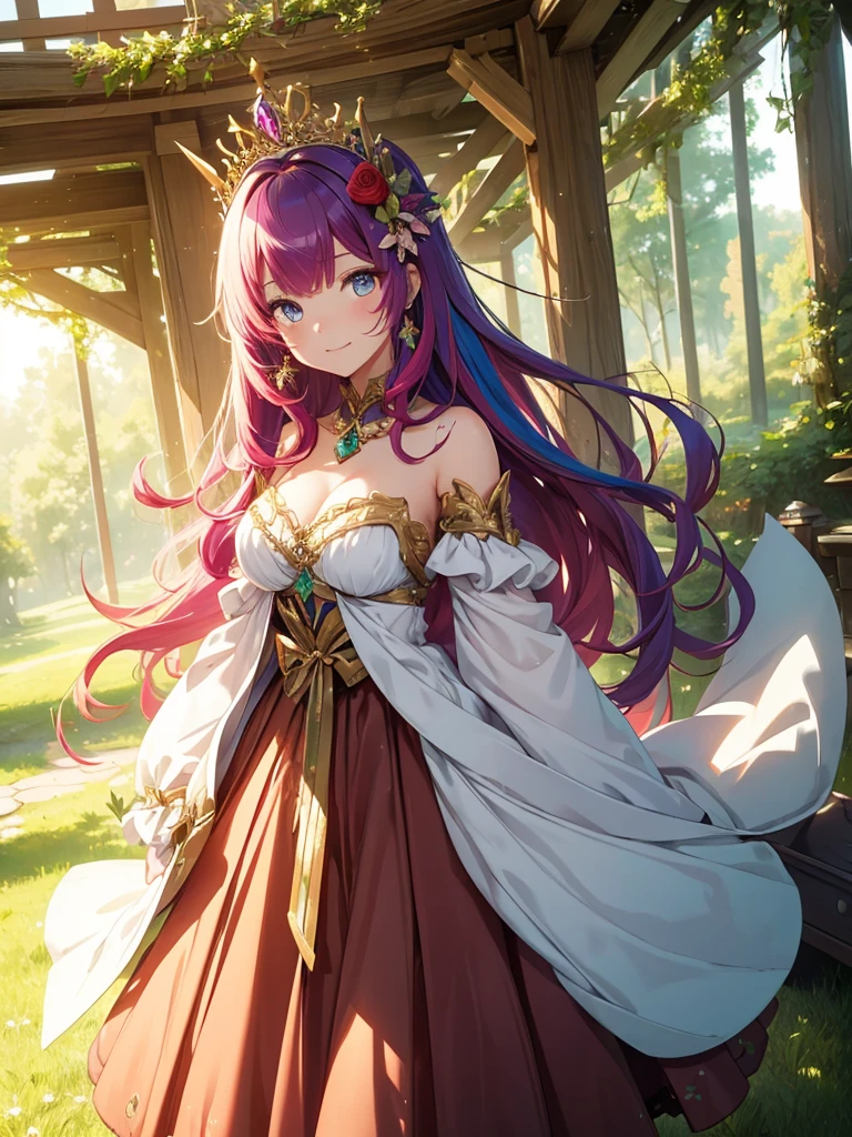 A girl the size of a flower, whole body, Character Design, Multi-colored haired princess with apple tiara, Perfect Eyes、Fine grain、Apple Green, accessories, Sparkling,high quality, Wide Shot, Fantasy apple forest detailed background, The guest is Happy Wolf