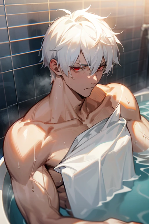 male、White Hair、Short Hair、Red Eye、Cold-blooded man、Handsome、Well-built、Cold Face、Well-formed face、bath、Big bath、I was soaked in hot water、naked、Toned body、Towel in one hand、Wipe the sweat from your face、Breather、