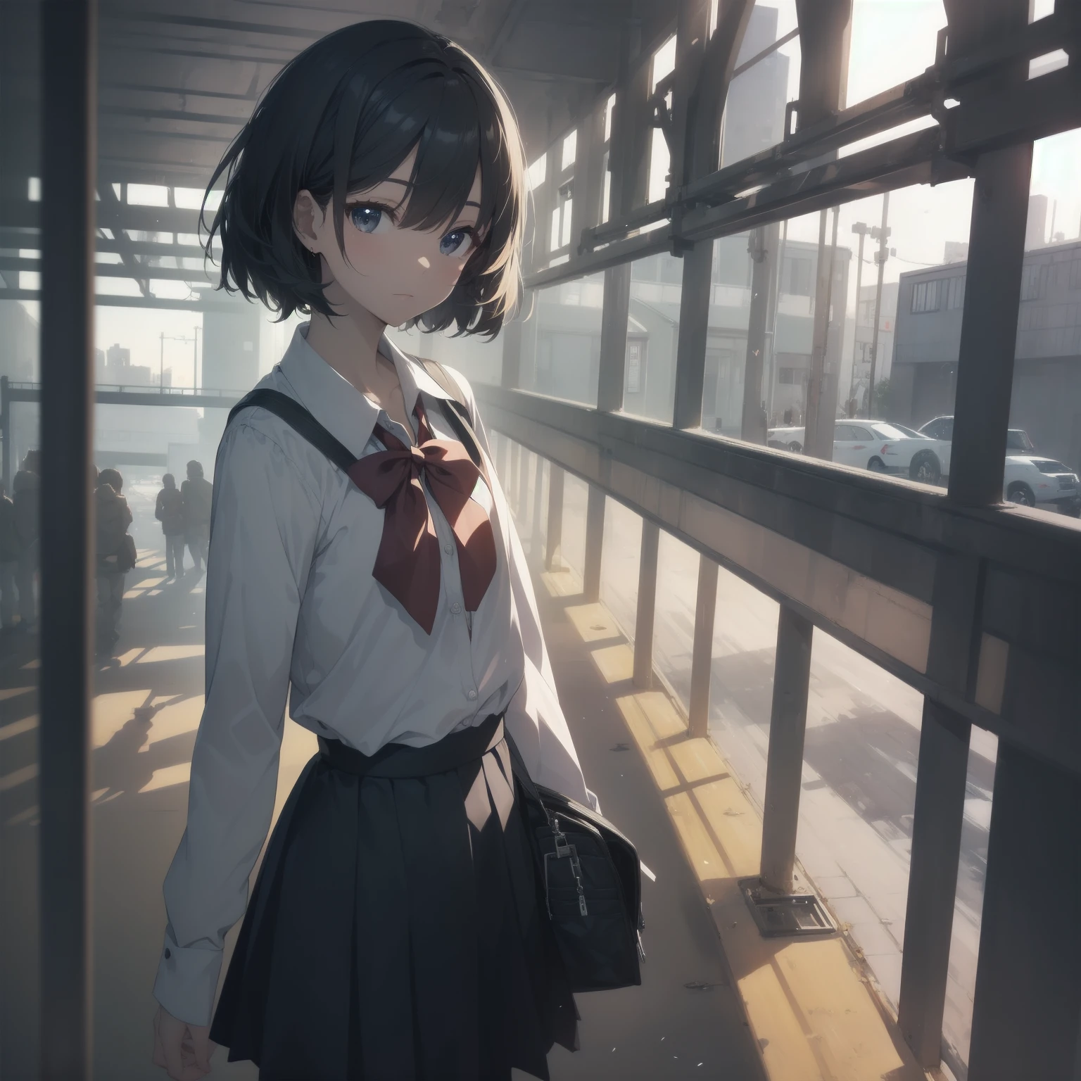 ultra-absurdres-Top quality by artist God, ultra-detailed, high resolution, anime moe artstyle, best anime 8k konachan wallpaper, pixiv contest winner, pool:2810, perfect anatomy,break, 1girl, (Please draw a girl walking sleepily to school alone. )break,(Solo,little female, 13-year-old:1.3),Full limbs, complete fingers,a junior high school student, (very short hair), short cut, flat chest, , small butt, small black eyes, beautiful detailed eyes, well-proportioned iris and pupils, expressive eyes, highres detailed hair, soft expression, salor school_uniform, sailor collar, serahuku, bow, pleated skirt,(Detailed Lighting), (Detailed background), in the School commute route. break,super detailed skin, Best cinematic lighting powered by famous artist, 8k,beauty illustration,photoshop_(medium),very aesthetic,break,((artist:wa_(genryusui) )), artist:clamp ,artist:carnelian ,artist:kantoku ,
