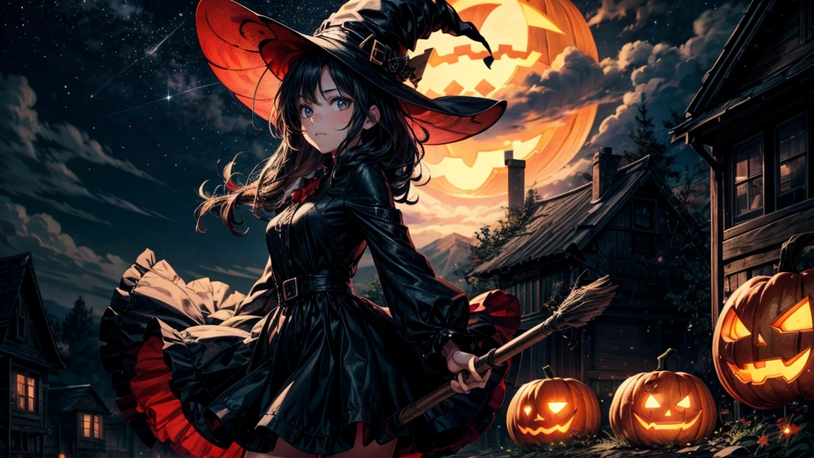 Generate an image of a witch riding a broomstick. The background is a windy night sky, and the witch is holding a Jack-o'-lantern. The witch is dressed in a black dress and a pointed hat, with her hair flowing in the wind. The overall atmosphere should be fantastical and magical.