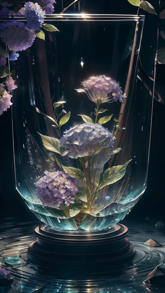 A masterpiece of botanical and glass sculpture, Flowers and rocks inside, water, Shine, Fantasy, high quality, High Detail, Better Quality, RTX, 4K, 8K,Tall hydrangea,rain,drop