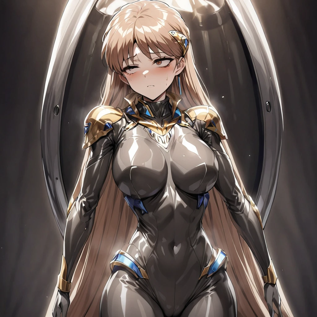 ((Highest quality)), ((masterpiece)), (detailed), (Perfect Face)、The woman is Princess Leona, with medium-long light brown hair. She stands upright in a shiny bodysuit, emerging from the brainwashing device, and is being body-checked by a researcher.、The woman has been brainwashed and is expressionless, with rape eyes