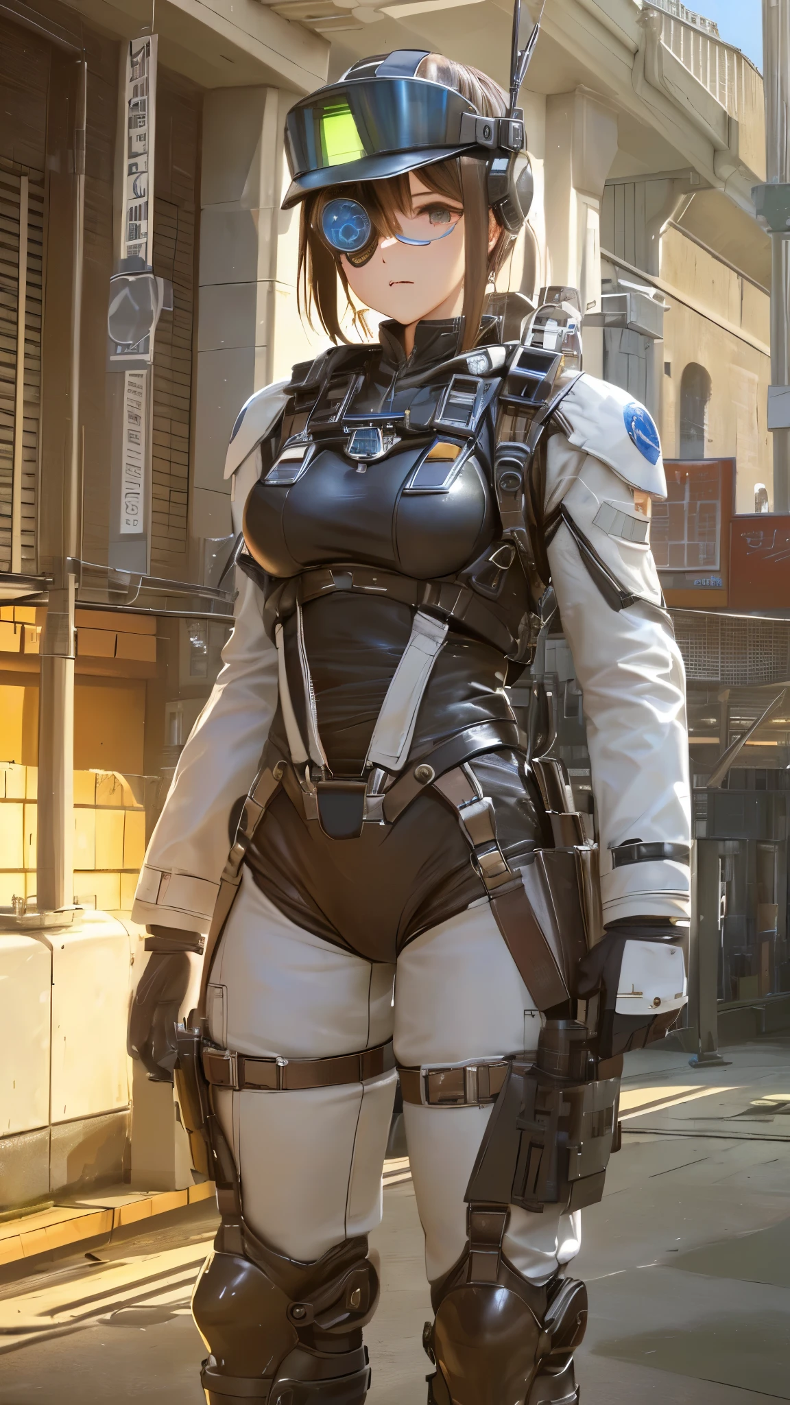 ((Highest quality)),(Ultra-high resolution),(Very detailed),(Detailed Description),((The best CG)),(A masterpiece),Ultra-detailed art,Amazing painting art,(Art with precise detail:1.5),(Sci-Fi Movies:1.4), (Harness pilot suit:1.7),(Monocle visor:1.6),(Combat Boots:1.3)