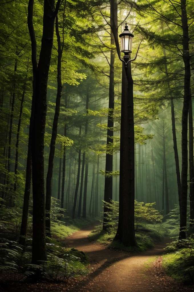 A forest with a tree in the middle and at the top an old lamp, everything is fantasy