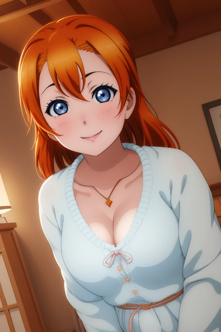 Masterpiece,best quality,Kousaka honoka, blue eyes, orange hair, looking_at_viewer, upper body, cozy top, cleavage , perfect shadow, beautiful,cozy