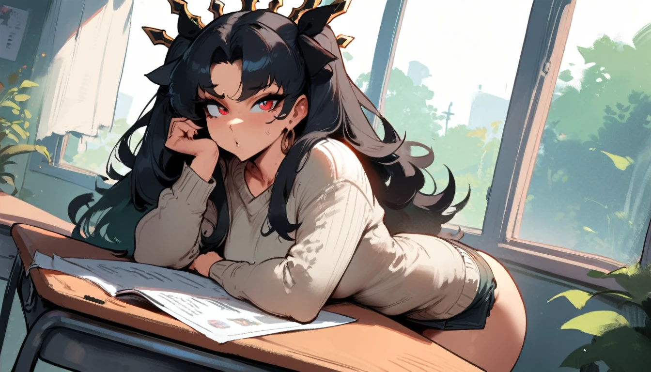 1girl, ishtar \(fate\), fate \(series\) \\\\\ masterpiece, best quality, very aesthetic, absurdres, newest \\\\\\ slim body,///// ,by nyantcha,cutesexyrobutts , by khyle,,////// beautiful face, sexy, red eyes, , at school, windows, greenery, sweater,skirt,at desk