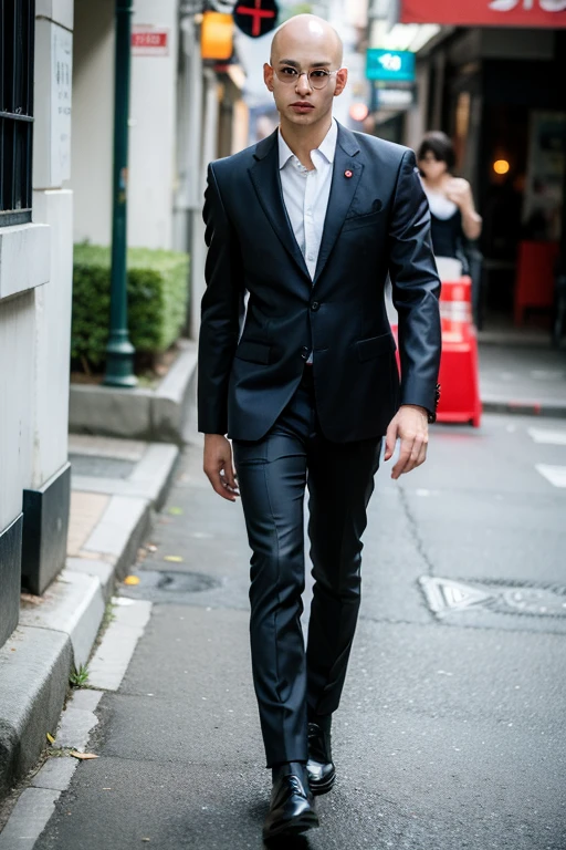 male,Baldhead,No hair,Young,Red Eyes,Beautiful watch,earrings,Stylish suits,Poker face,Chili sauce bottle,Lenses,Glasses,walk,Cool,Anime style