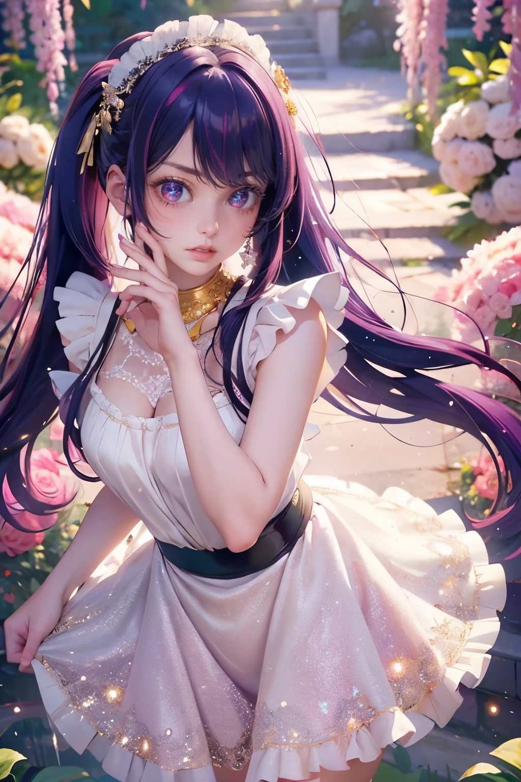 1girl, Ai Hoshino_(Oshi no Ko), centered girl, perfectly body, perfectly hands, solo, jewelry, lavender, rabbit jewel on her hair, ornament hair, twintails, rabbit jewel on her hair, purple hair, long hair, long flowing hair, floating hair, ornament hair, perfectly body, perfectly hands, garden scenery, magenta rose on hair, Looking at the audience, flowing hair, Beautiful Eyes, Plump and glossy lips, maid, maid dress, maid headdress, maid apron, white apron, dress with too many frills, white dress, magenta laces, white Short skirt, small skirt, skirt with layers, Drape clothes, magenta gem, Lace trim, bright stage in the garden, luxury gold details, gold jewelry, more details, best quality, Big sparkling eyes, blushing, Striped Lace Stockings, white ta skirt, sparkle, solo, centered girl, cowboy shot, perfectly body, perfectly hands, two arms, two legs, two hands, five fingers, perfect anatomy, glowing hair, magenta roses, in garden, sparkles, more details on her clothes, dress with transparency, golden details on her dress, night, holding a bouquet, ((4k, masterpiece, top-quality)), 8k, best quality, high resolution, UHD, (illustration:0.8), super cute girl, delicate and beautiful face, mature girl, super cute hairstyle, (beautiful detailed eyes:1.6), extremely detailed face, perfect lighting, extremely detailed CG, (perfect hands, perfect anatomy), Best quality, cleavage