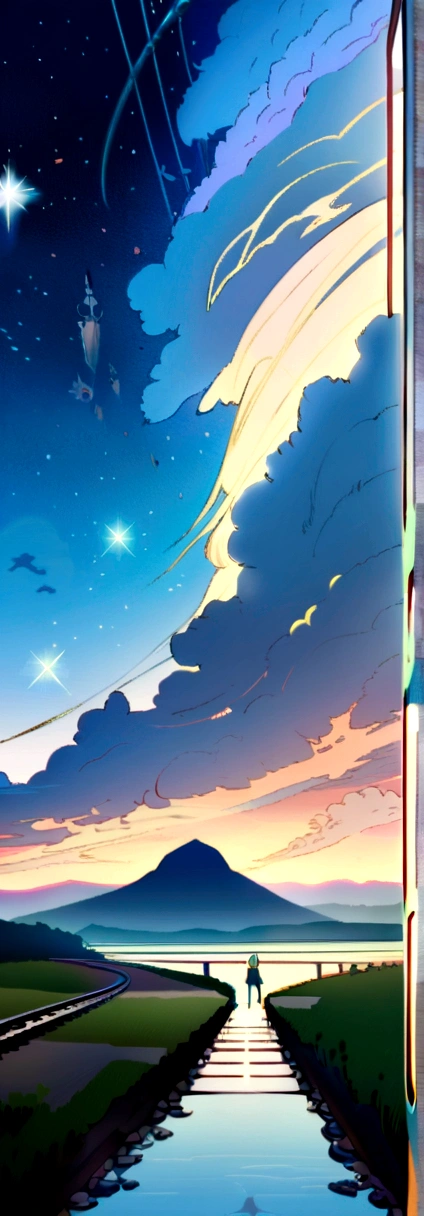High quality masterpiece, landscape, Animated train passing through water on the tracks, Bright starry sky. Romantic Train, Pixiv, Concept Art, Lofi Art style, reflection. by Makoto Shinkai, Lofi Art, Beautiful anime scene, Anime landscape, 詳細なlandscape —幅672, in Makoto Shinkai's Style, Makoto Shinkai's Style, Enhanced Details.