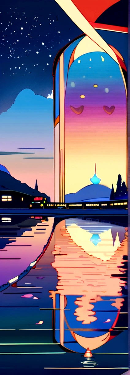 High quality masterpiece, landscape, Animated train passing through water on the tracks, Bright starry sky. Romantic Train, Pixiv, Concept Art, Lofi Art style, reflection. by Makoto Shinkai, Lofi Art, Beautiful anime scene, Anime landscape, 詳細なlandscape —幅672, in Makoto Shinkai's Style, Makoto Shinkai's Style, Enhanced Details.