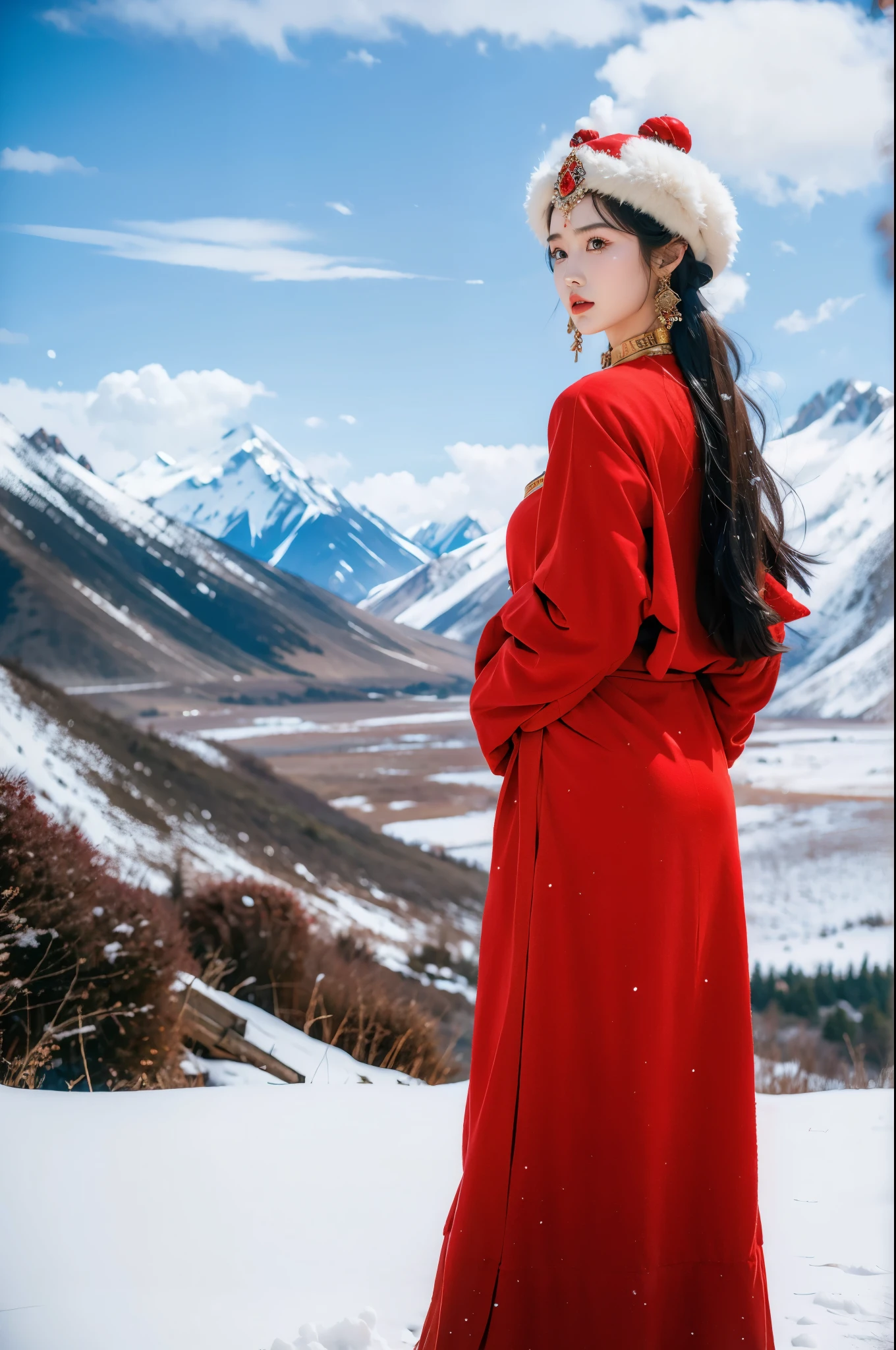 (masterpiece, best quality:1.2),red Tibetan clothing,1 Tibetan girl, blue sky, cloud, cloudy sky, day, earrings,Plush hat, horizon,Tibetan Earrings,jewelry,necklace, lips,snow mountain, outdoors, parted lips, red lips, solo, upper body,from back,towering hips,butt crack