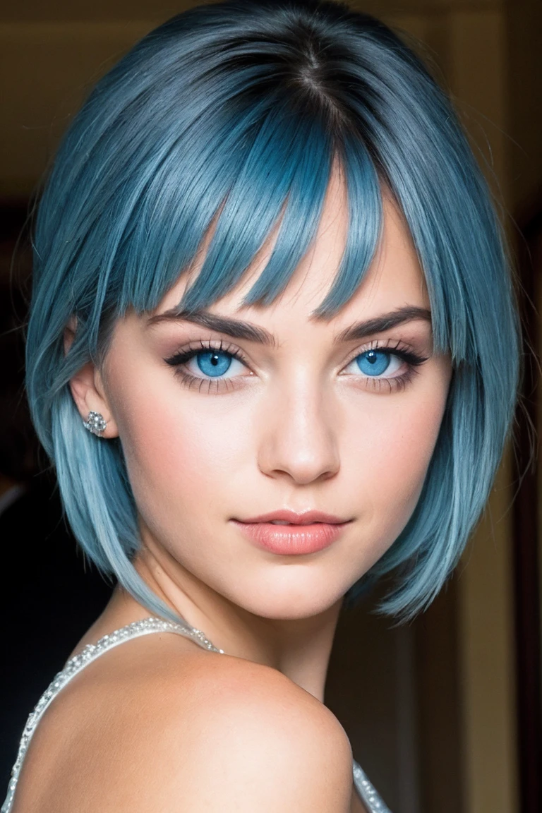 Curved woman, grosse potrine, gros fessier, beautiful face blue eyes, blue hair