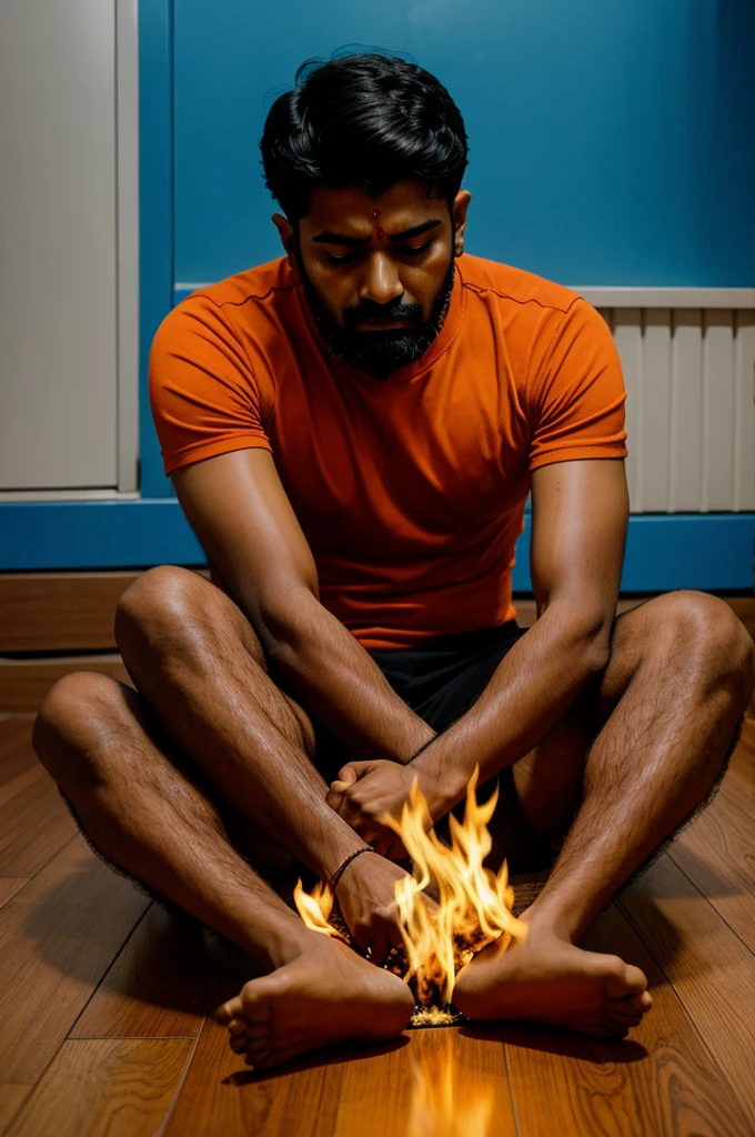 A tense indian man sitting alone in the floor hugging himself in fire,cartoon style