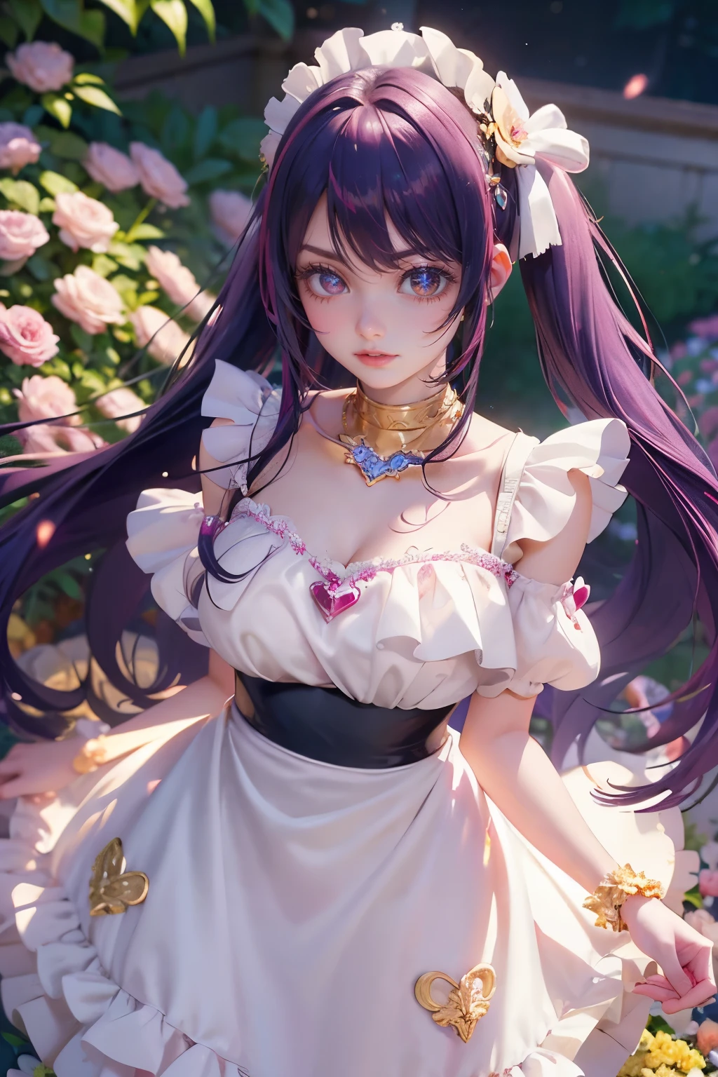 1girl, Ai Hoshino_(Oshi no Ko), centered girl, perfectly body, perfectly hands, solo, jewelry, lavender, rabbit jewel on her hair, ornament hair, twintails, rabbit jewel on her hair, purple hair, long hair, long flowing hair, floating hair, ornament hair, perfectly body, perfectly hands, garden scenery, magenta rose on hair, Looking at the audience, flowing hair, Beautiful Eyes, Plump and glossy lips, maid, maid dress, maid headdress, maid apron, white apron, dress with too many frills, white dress, magenta laces, white Short skirt, small skirt, skirt with layers, Drape clothes, magenta gem, Lace trim, bright stage in the garden, luxury gold details, gold jewelry, more details, best quality, Big sparkling eyes, blushing, Striped Lace Stockings, white ta skirt, sparkle, solo, centered girl, cowboy shot, perfectly body, perfectly hands, two arms, two legs, two hands, five fingers, perfect anatomy, glowing hair, magenta roses, in garden, sparkles, more details on her clothes, dress with transparency, golden details on her dress, night, holding a bouquet, ((4k, masterpiece, top-quality)), 8k, best quality, high resolution, UHD, (illustration:0.8), super cute girl, delicate and beautiful face, mature girl, super cute hairstyle, (beautiful detailed eyes:1.6), extremely detailed face, perfect lighting, extremely detailed CG, (perfect hands, perfect anatomy), Best quality, cleavage