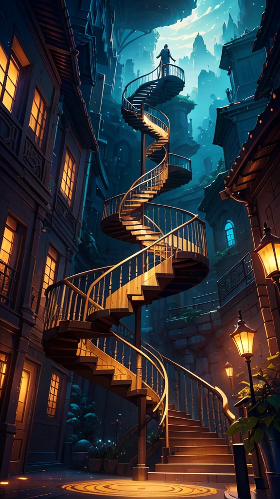 arafed image of a man walking down a stairway towards a sky with a spiral staircase, fantasy art, a detailed matte painting, by Noah Bradley, rossdraws global illumination, cgsociety 9, rossdraws volumetric lighting, makoto shinkai cyril rolando, sylvain sarrailh and igor morski