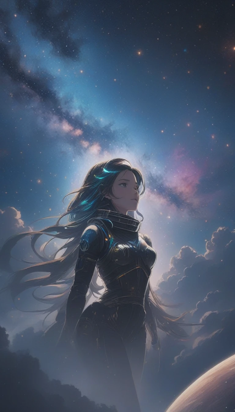 High Detail, Very detailed, Ultra-high resolution, Enjoy your time in a dream galaxy, Surrounded by stars, Warm light, Background is starry sky，There are colorful galaxies and galaxy clouds, The stars fly around her, , Add some atmosphere , 