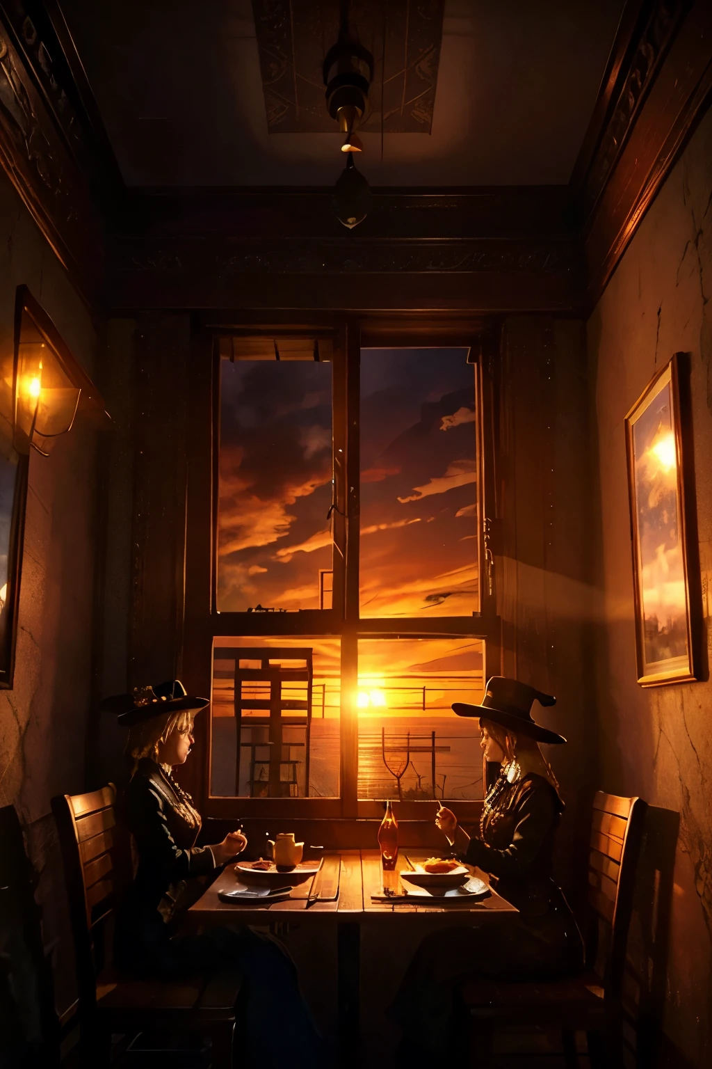 steampunkai。(Highest quality:1.2)。One Woman。steampunk witch。Meal on the table: bread, cheese and soup。Inside the witch's house。Looking out the window。Outside the window is a beautiful sunset。