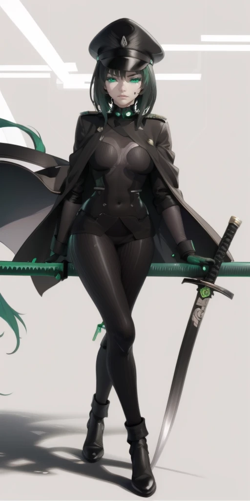 allmind, short hair, black hair, bangs, curvy, anatomical correct, outfit-blackgh, 1girl, solo, looking at viewer, full body, crossed legs, katana, sheath, peaked cap, sheathed, military hat, hollow eyes, green eyes, lips, cheek, expressionless, glaring eyes, upper teeth, Popogori1