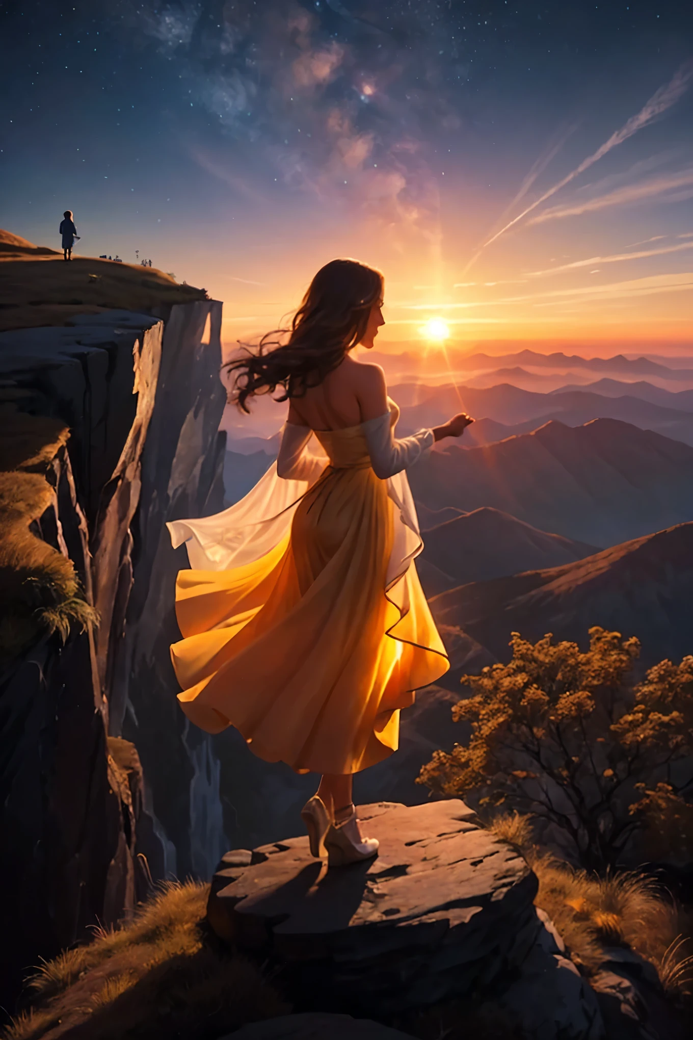 A solitary figure stands on the precipice of a cliff, captivated by the symphony of colors unfolding across the sky as the sun dips below the horizon. The warm hues of the sunset cast a golden glow on the individual, painting them in a surreal light.

As they stand there, lost in the beauty of the moment, a shimmering shadow begins to form behind them. Upon closer inspection, it reveals itself to be a luminescent entity, its form crafted from pure radiant energy. The entity moves towards them in a manner that seems almost graceful yet eerily inexorable, emanating an aura of ethereal grace. The individual feels an irres