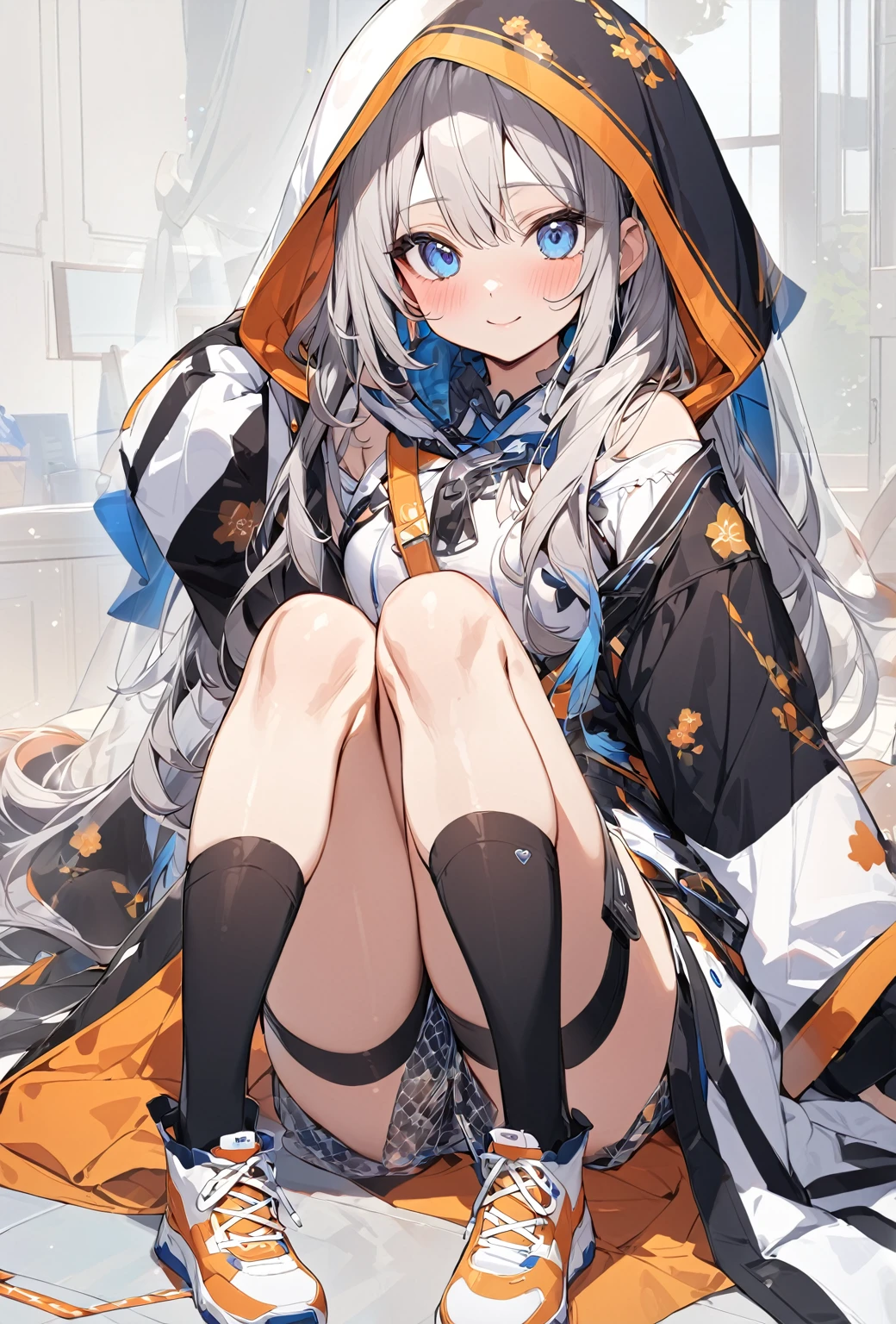 ((Highest quality)), ((masterpiece)), ((Very detailed)), (Very mature),A cute, gentle-looking female high school student with black hair and a height of about 165cm.,A female high school student with a cute smile and small breasts wearing a transparent blue waifus with a cute patterned hood and bare shoulders, A gentle woman with a slightly long vertical face,Small Faced Woman,alone, Cute attitude,(background(bright),Long Hair - Straight,Knee-high socks、A transparent blue veil with a cute pattern and white hood with off-the-shoulder sleeves,White wall、Sitting、Facing the viewer、縁に模様がある壁が1面のbackground