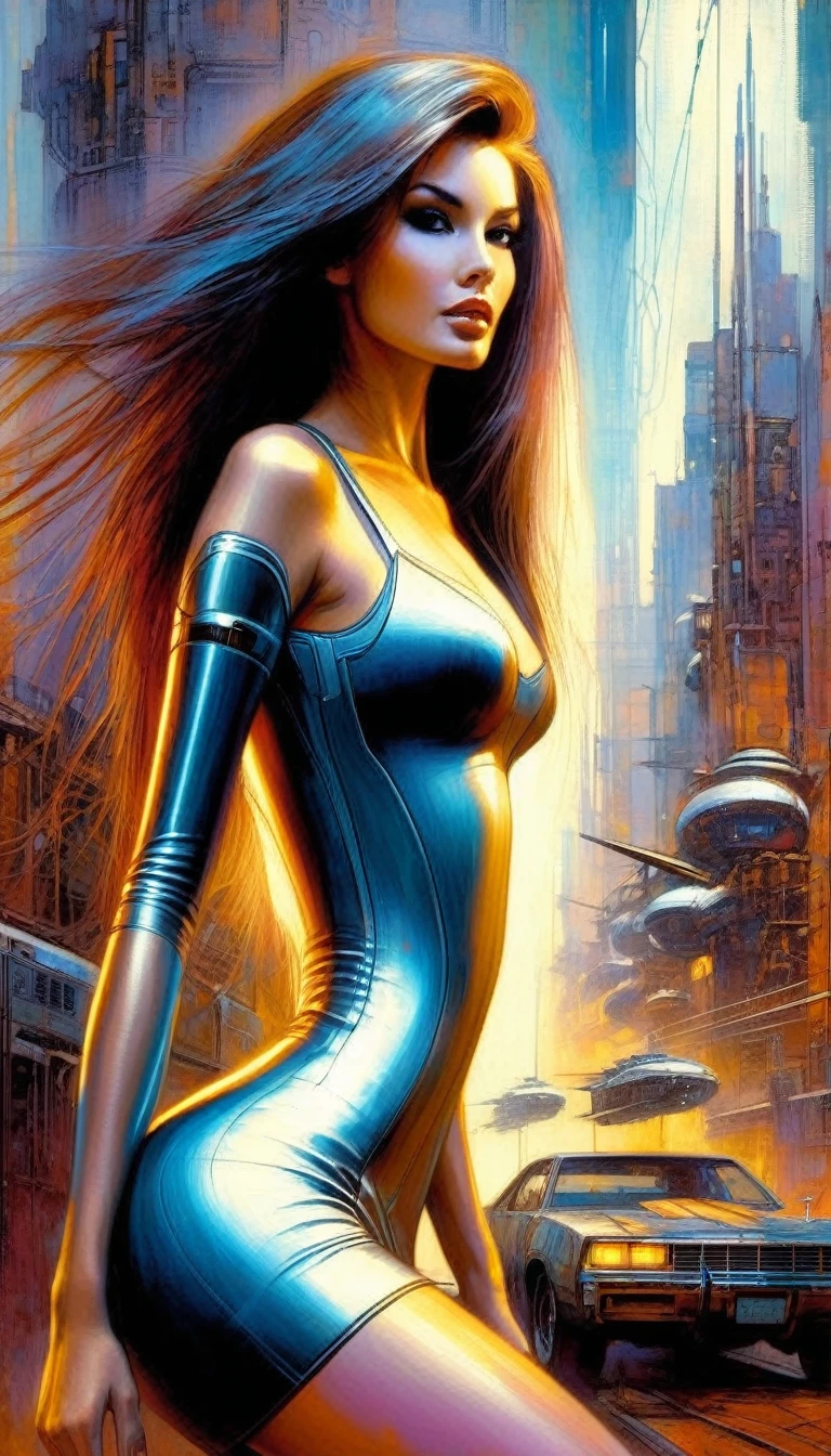 sexy girl futuristic long hair, sexy futuristic tight dress, futuristic city.1.5, rusty metal city, lots of details(Bill Sienkiewicz inspired art, intricate details, oil painting)