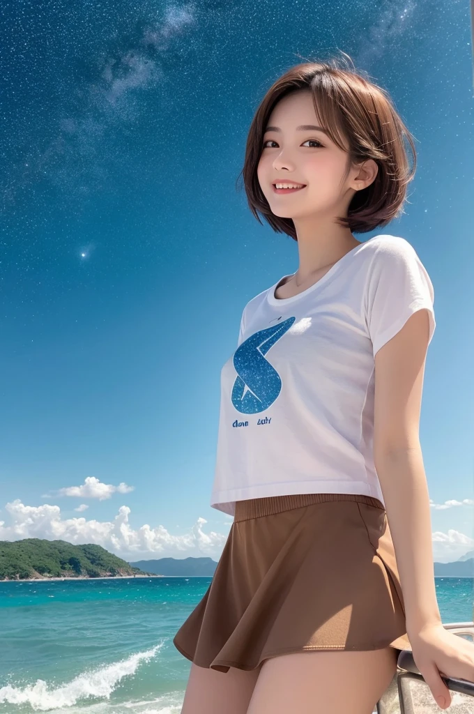 1woman, idol, short hair, brown hair, starry sky, sea, 20 years old, angle from below, smile, short t-shirt, short skirt