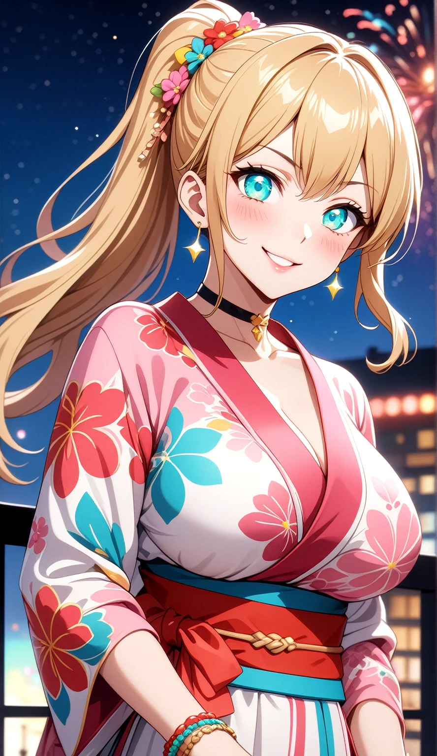 ((One personの女性)), Beautiful Face, head tilt, ((laugh)),((Wink:1.9)),((Touch your lips)), Laugh with your mouth wide open,((Bright red cheeks:1.4)),Shiny red lips,night,rooftop,You can see the ocean, firework,Laughing with your mouth open,Glossy pink lips,Facial lighting,((Anime style background)),masterpiece, Highest quality, so beautiful,up to date, Complex details, (Pink long nails),(ring),(bracelet),(choker),AI-generated, Complex,High resolution, Highest quality, super high quality,3D Images、3D Images,One person,Long blonde hair,High Ponytail,(Turquoise Eyes),Anime woman posing for a photo, ((Fine grain、Colorful eyes on white、Shining Eyes:1.3)),(Squint your eyes:1.1),a hyperRealistic , hyperRealistic , Realistic,Anime woman with long white hair, Smooth anime CG art, A woman in a colorful kimono with gold embroidery, (Pink long sleeve kimono),Red floral pattern,Long flower hair ornament,Earrings,Mature Body,(Big Breasts:1.1),expensive,Abdominal muscles,Tight waist,(Zoom up to face:1.7),Shooting from diagonally below