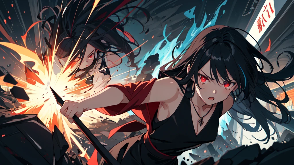 colorful flat illustration classical animes, Fierce anime girl with long black hair, glowing red and glowing red eyes wearing a all black sleeveless mini dress and necklace, engaged in an intense battle against a small black demons. She releases a burst of energy, pushing the demon away from the . within the devastated interior of a modern shopping mall store at night. The dynamic, action-filled scene is rendered in a colorful, flat illustration style inspired by Japanese artists, featuring blood and bold black outlines., draw art style influenced by japanese artists, niji, black outlines ultra-detailed, 8k, , dramatic lighting, cinematic, highly detailed face, elegant, intricate details, vibrant colors, dramatic shadows, hyper-realistic, masterpiece,