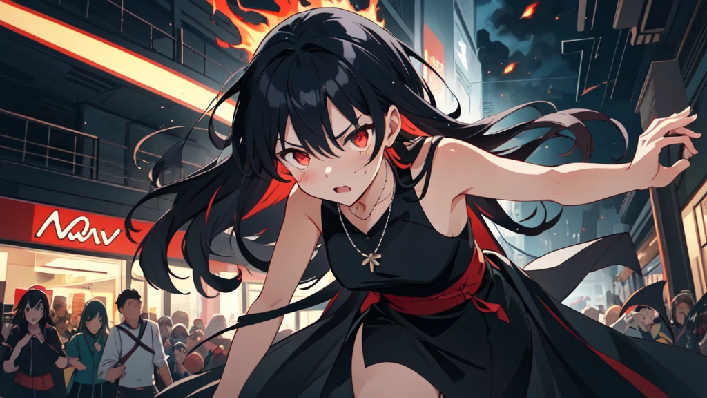colorful flat illustration classical animes, Fierce anime girl with long black hair, glowing red and glowing red eyes wearing a all black sleeveless mini dress and necklace, engaged in an intense battle against a small black demons. She releases a burst of energy, pushing the demon away from the . within the devastated interior of a modern shopping mall store at night. The dynamic, action-filled scene is rendered in a colorful, flat illustration style inspired by Japanese artists, featuring blood and bold black outlines., draw art style influenced by japanese artists, niji, black outlines ultra-detailed, 8k, , dramatic lighting, cinematic, highly detailed face, elegant, intricate details, vibrant colors, dramatic shadows, hyper-realistic, masterpiece,