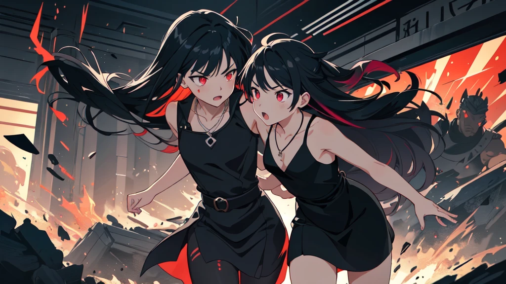 colorful flat illustration classical animes, Fierce anime girl with long black hair, glowing red and glowing red eyes wearing a all black sleeveless mini dress and necklace, engaged in an intense battle against a small black demons. She releases a burst of energy, pushing the demon away from the . within the devastated interior of a modern shopping mall store at night. The dynamic, action-filled scene is rendered in a colorful, flat illustration style inspired by Japanese artists, featuring blood and bold black outlines., draw art style influenced by japanese artists, niji, black outlines ultra-detailed, 8k, , dramatic lighting, cinematic, highly detailed face, elegant, intricate details, vibrant colors, dramatic shadows, hyper-realistic, masterpiece,