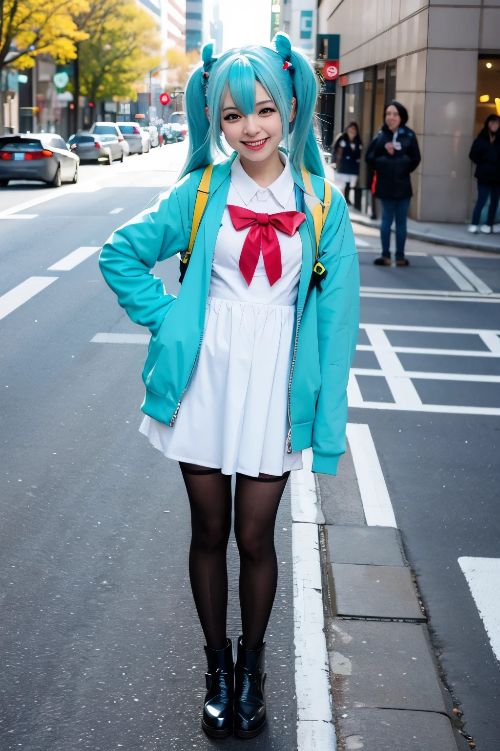 In the city with no one、Hatsune Miku Cosplay、Cute face and hairstyle in the style of Hatsune Miku、Japanese、Standing on the street、Smiling、Full body portrait