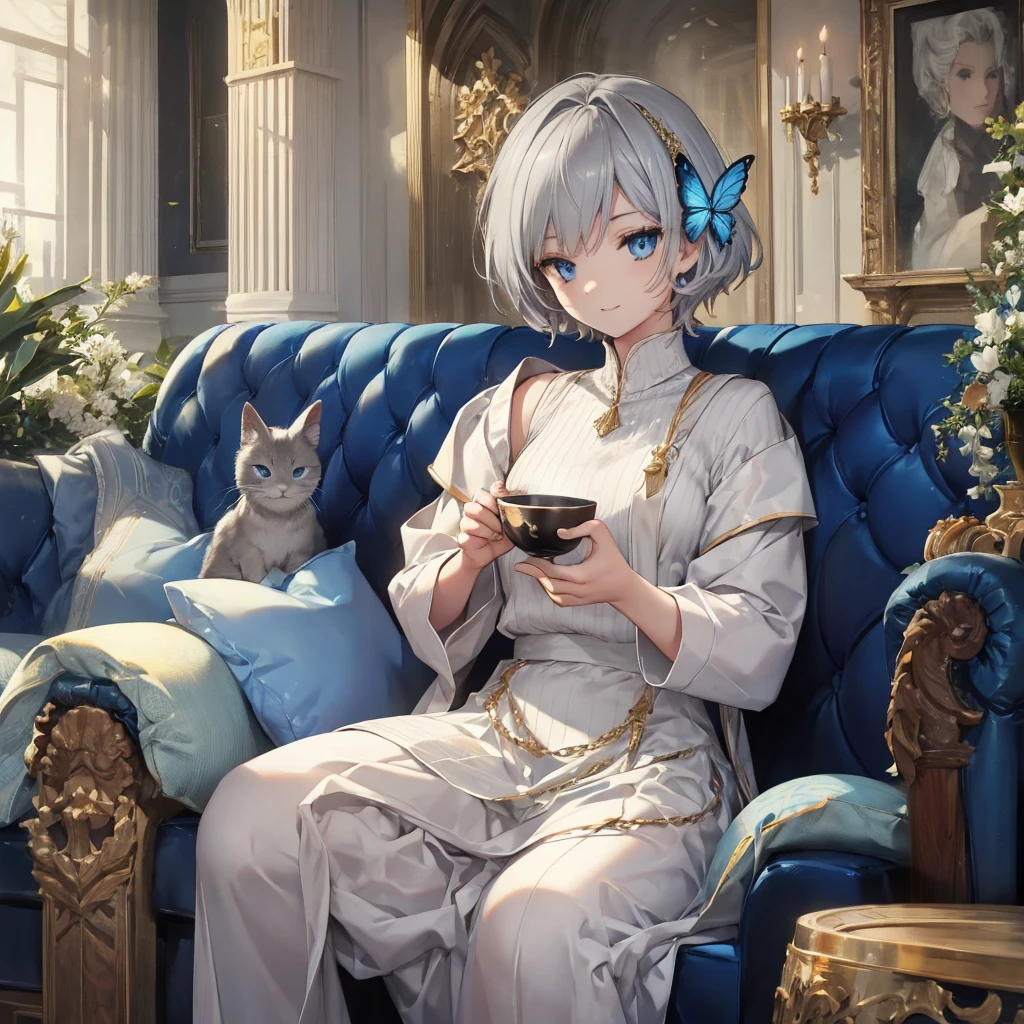 (((1 person　Gray Hair　Gold-edged sofa　blue eyes)))　((High resolution　short hair　Noble clothes　Rin々Funny face))　((Close-up))　((Blue Butterfly　Asahi　Shining Aura　Holding a cup　Drinking tea))　(smile　Bathed in light)　Shining Background　Shining Edge