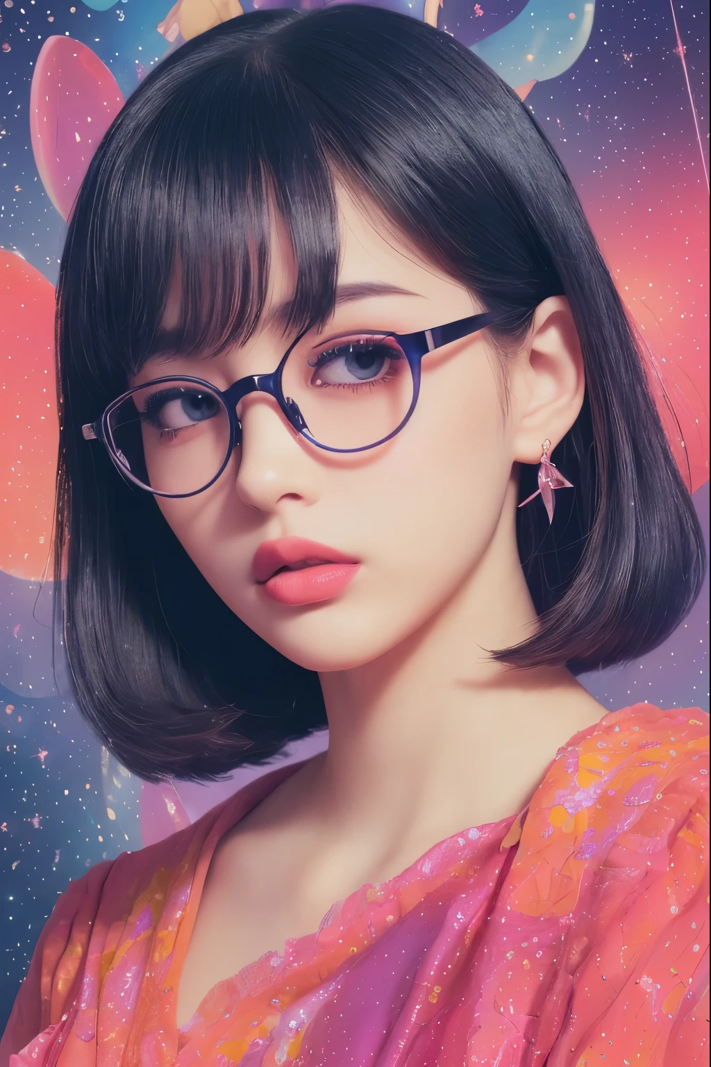 (Detailed lips), (Realistically:1.37), (Vibrant colors), (Studio Lighting), (Sharpen your focus), (High Dynamic Range), (Bokeh), (in contrast), (Kilo:1.2), (elegant), (Elegance), (like々Shii), (Luxury Accessories), (Sparkle Eyes), (Shine), (Calm), (Shine), (dream-like), (dynamic), (素晴らShiiもの), (Sensitive), (Dramatic), (Complex), (eternal), (Beautifully dressed), (Mysterious), (Mysterious), (Mysterious), (Perfect perfection), (interesting), (Individuality), (masterpiece), (High resolution), (The best quality at its best, 4K, 8K), alone, 18 year old girl,Glasses,