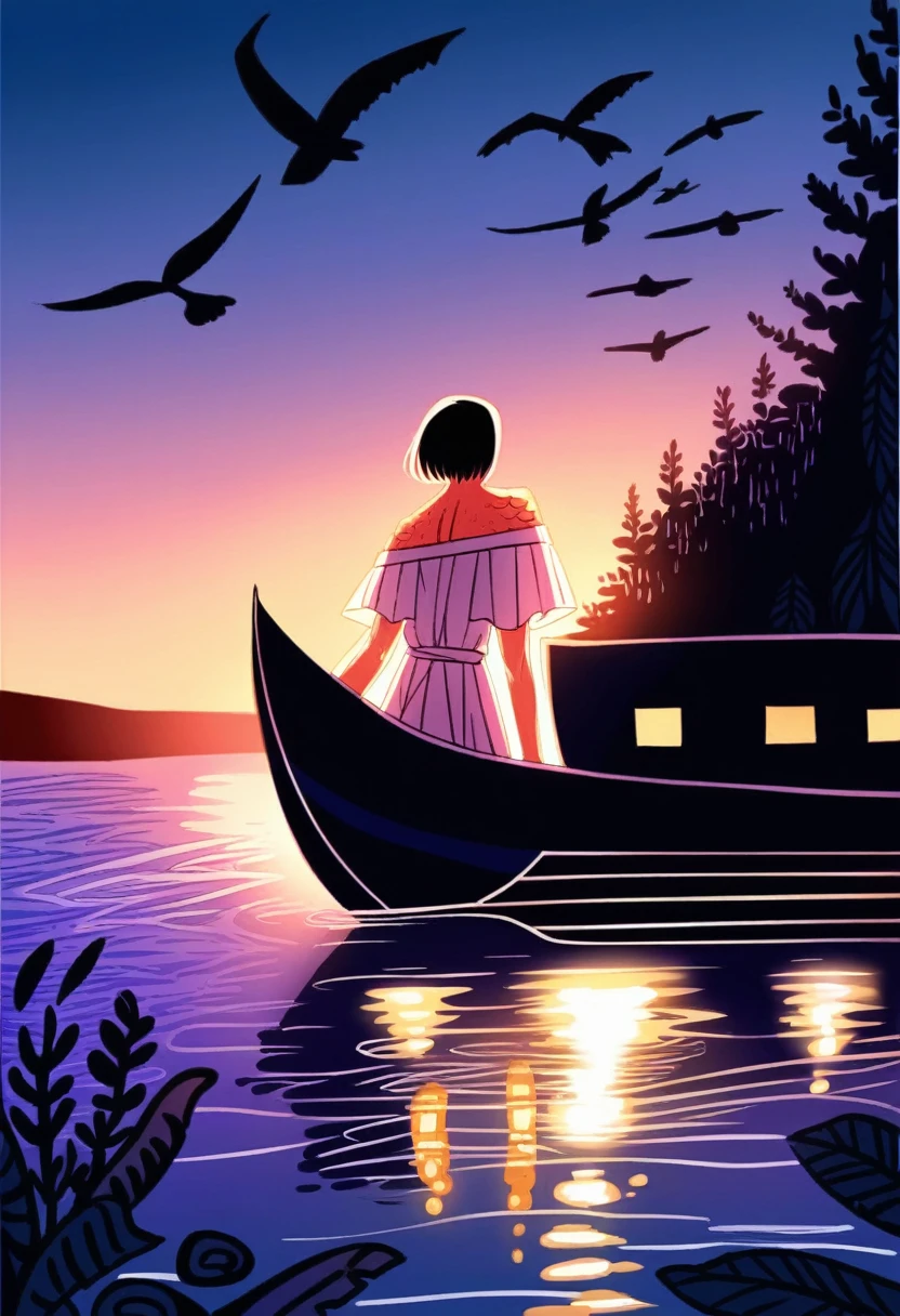 
---

As the sun began its descent towards the horizon, casting a warm, golden hue over the vast, tranquil sea, a small boat gently bobbed on the calm waters. The gentle waves lapped against the boat's sides, creating a soothing, rhythmic sound. Beneath the surface, schools of colorful fish darted playfully, their scales glistening in the evening light.

A couple sat on the boat, their hands entwined, basking in the serenity of the moment. The woman leaned against the man, her head resting on his shoulder as they watched the sun's fiery descent together. The sky above was painted with shades of pink, orange, and purple, reflecting off the water and creating a magical, dreamlike atmosphere.

The boat rocked gently, adding to the sense of peacefulness and intimacy. As they whispered sweet nothings to each other, the world around them seemed to fade away, leaving just the two of them in their own private paradise. The distant call of seagulls and the soft splashing of fish jumping out of the water only enhanced the enchanting scene. This was a moment of pure romance, set against the breathtaking backdrop of nature's beauty, where love and tranquility reigned 