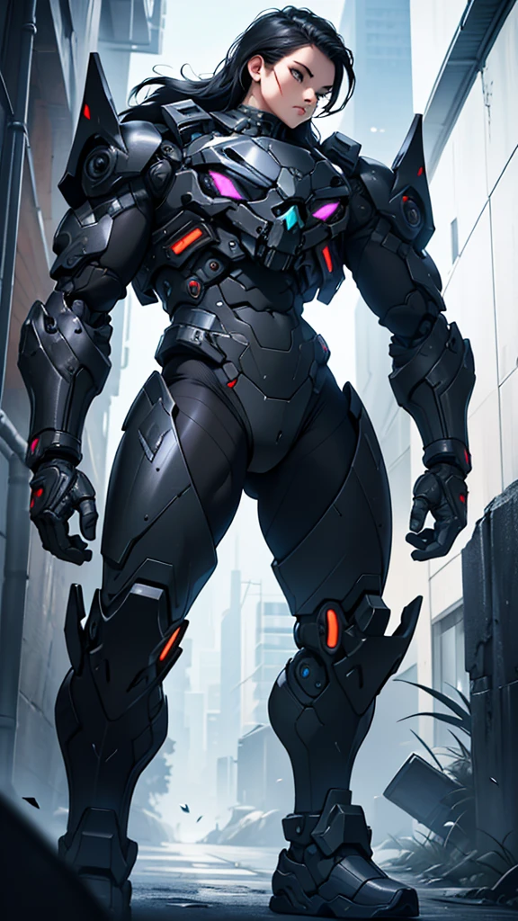 Female cybernetic battlesuit detailed muscles realistic masterpieces full figure pose (best quality,ultra-detailed), skullfaced, fit body, slim figure, narrow waist, large buttocks, wearing a full black carbon fiber cybernetic mobile battle suit, fighting pose
