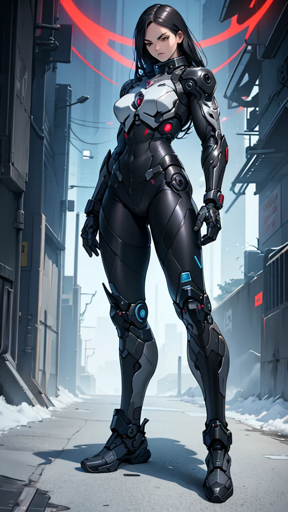 Female cybernetic battlesuit detailed muscles realistic masterpieces full figure pose (best quality,ultra-detailed), skullfaced, fit body, slim figure, narrow waist, large buttocks, wearing a full black carbon fiber cybernetic mobile battle suit, fighting pose