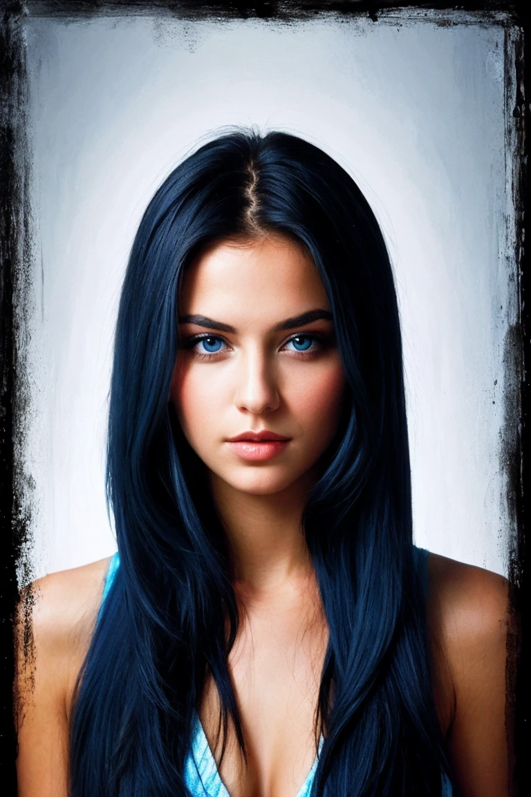 Curved woman, grosse potrine, gros fessier, beautiful face dark blue eyes, long blue hair 